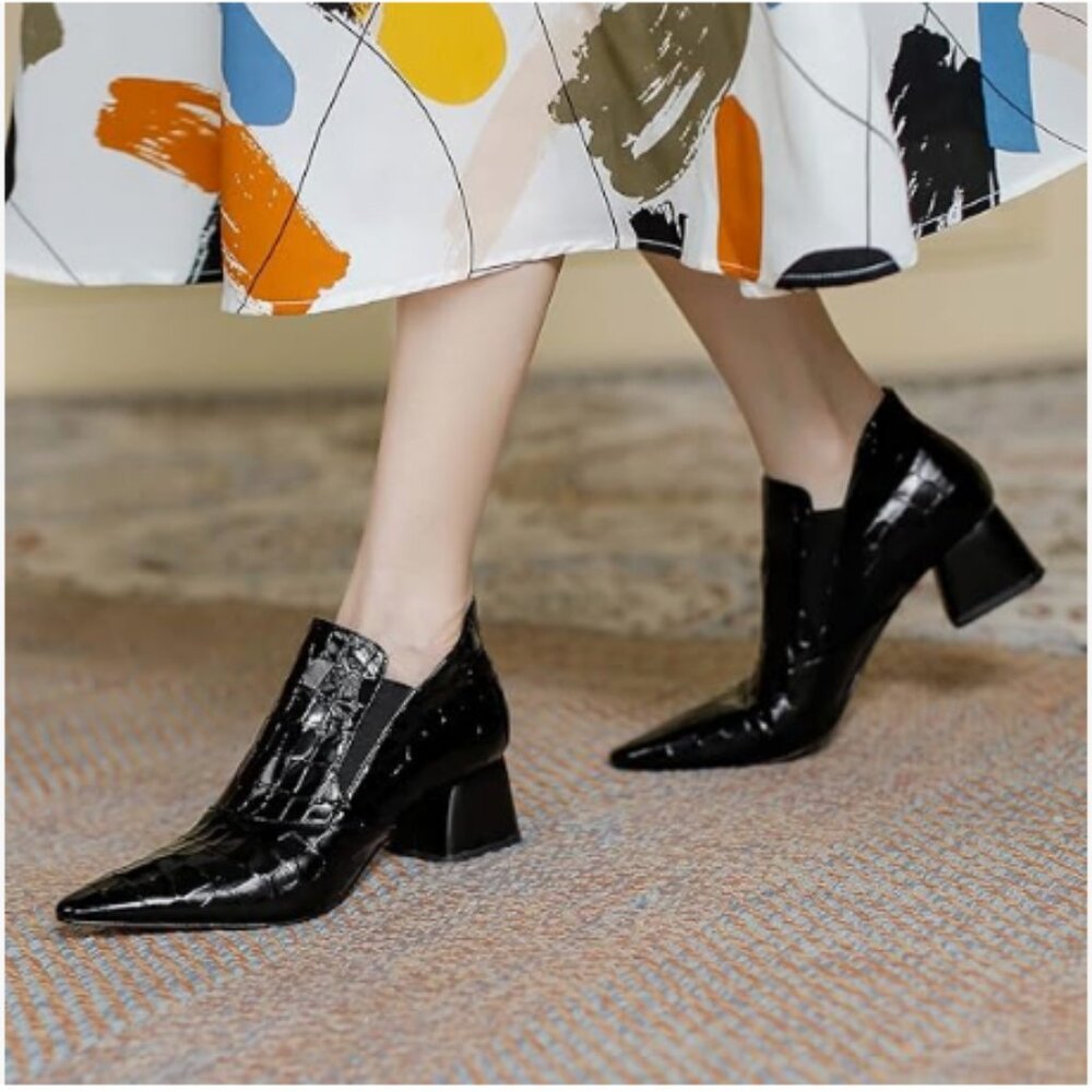 YDN Black Sexy Pointed Toe Ankle Boots Chunky Low Heel Pull on Elastic Shoe